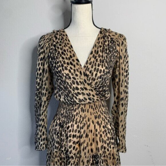 Rebecca Taylor Leopard Print Long Sleeve Plunged Neckline Mini Dress - Picture 7 of 16